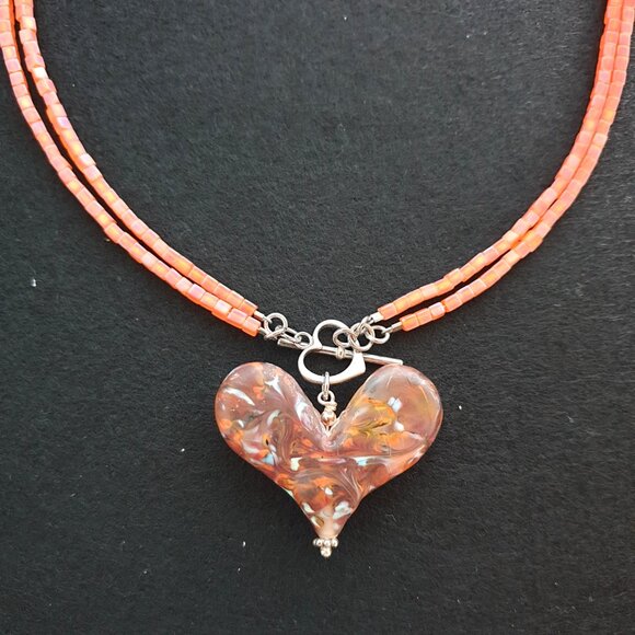 Vintage 1990s Bold Lampwork Art Glass Heart 925 Silver Pendant Necklace - Picture 6 of 14